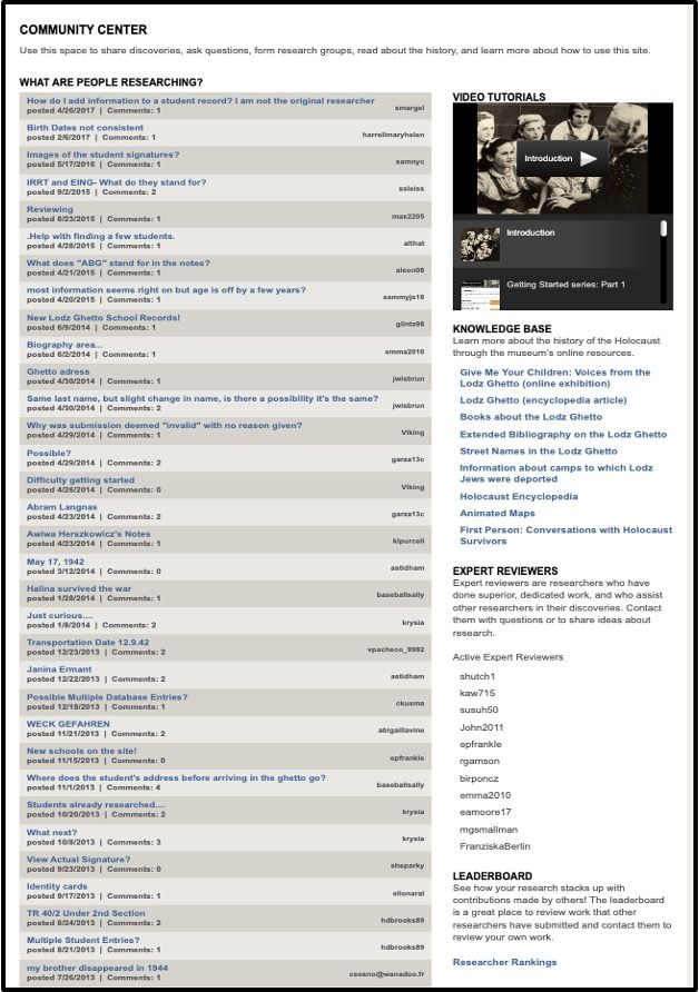 Community Center page displaying research discussion topics, expert reviewers, video tutorials, and Holocaust knowledge base links.