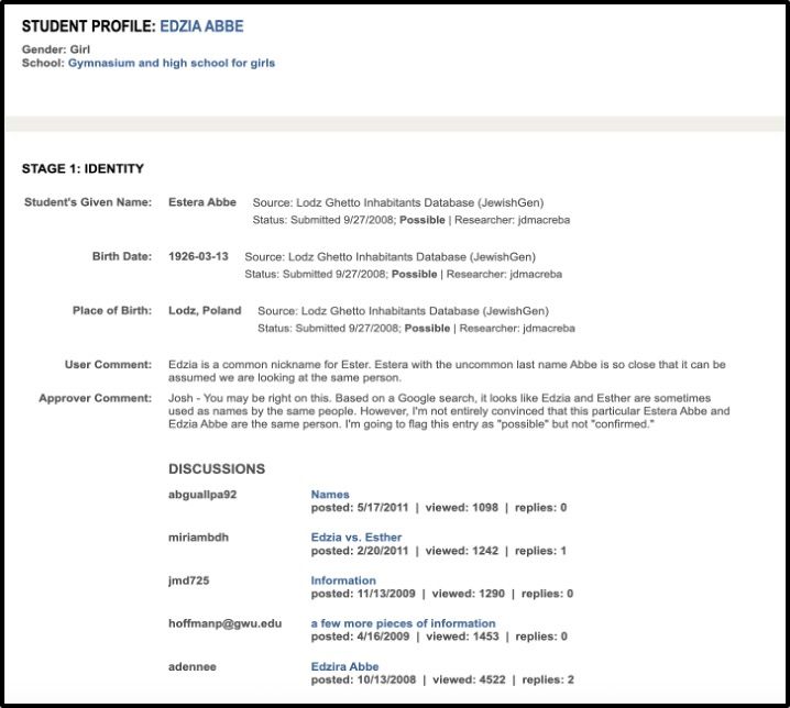 Student profile page for Edzia Abbe, showing identity details, user comments, and a discussion forum on name verification.