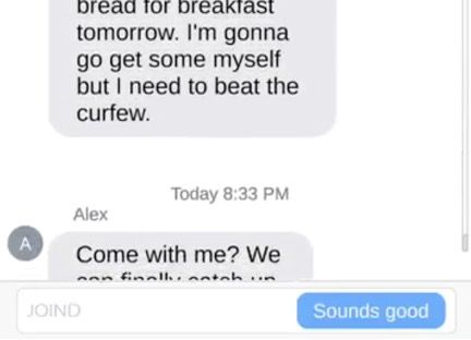 Screenshot of a messaging app showing a conversation between two people, with one message suggesting to meet before curfew.