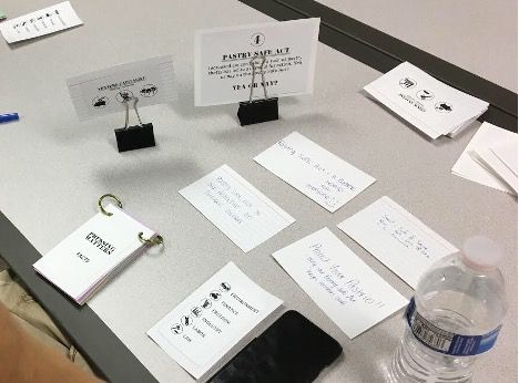 Tabletop with flashcards, water bottle, and labeled educational cards, set up for a learning or role-playing activity.