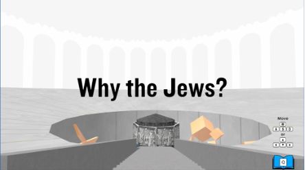 Intro screen of an interactive educational program titled ‘Why the Jews?’ showing stylized architecture and central exhibit.