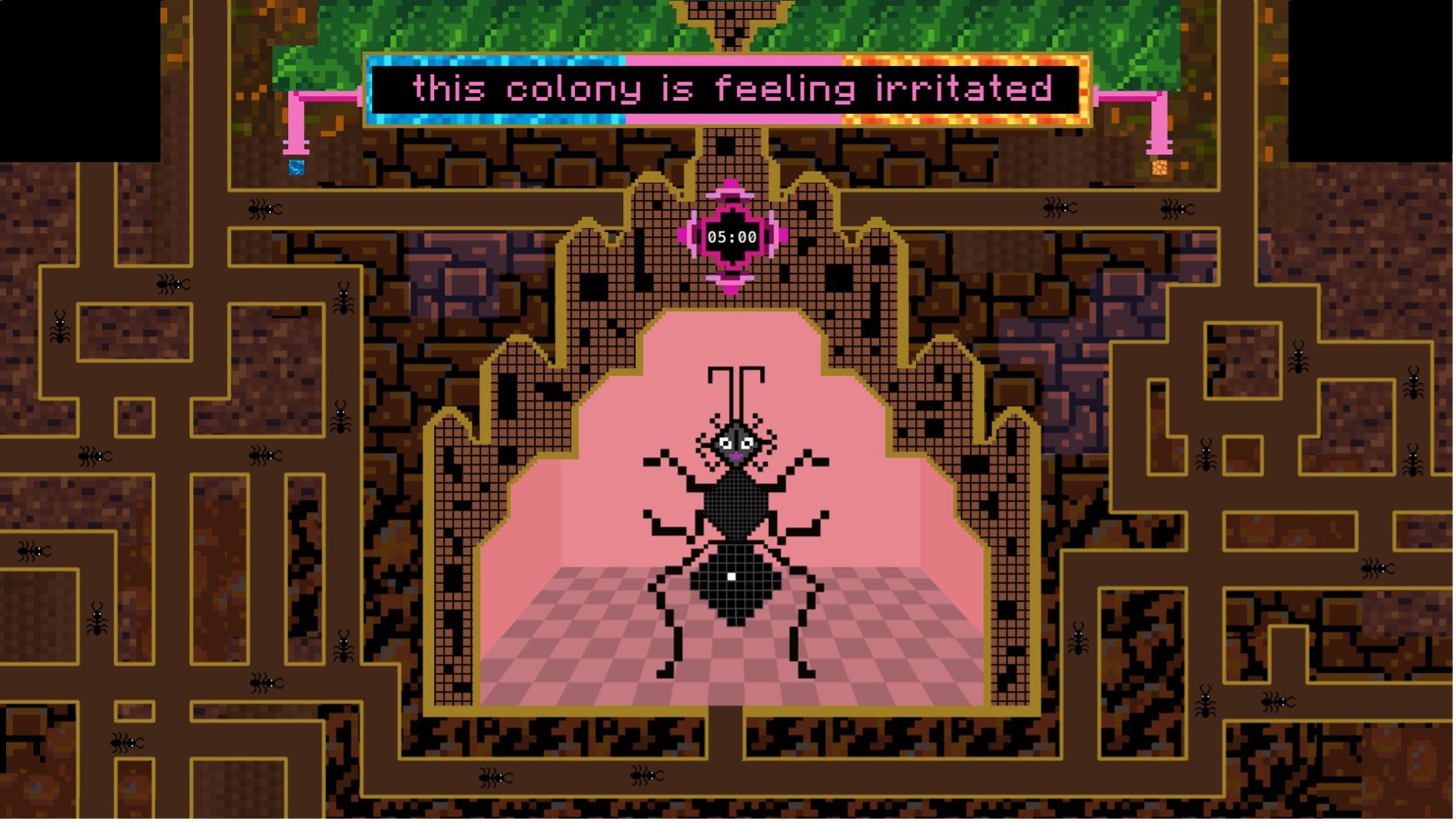 A pixel-art style game interface shows a large ant inside a central chamber of an underground colony. Surrounding tunnels and rooms are filled with smaller ants. A glowing banner at the top reads, “this colony is feeling irritated.” A timer below the banner is set to 05:00. The visual style is colorful and retro, resembling classic arcade or 8-bit games.