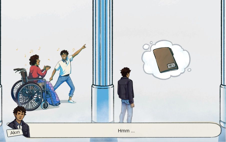 An illustrated scene shows a young man named Akin standing between two columns, thinking about a brown notebook inside a thought bubble. To the left, a woman in a wheelchair claps along to music while another person dances joyfully. Akin looks contemplative, with the caption below reading, “Hmm …”