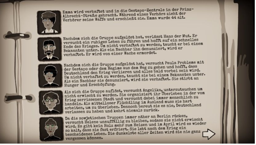 A sepia-toned illustrated page from the game Through the Darkest of Times shows the fates of five resistance members after the group's dissolution. Each character is depicted with a portrait on the left and a narrative on the right in German. The stories describe outcomes such as arrest, execution, escape, and ongoing hardship. The mood is somber, reflecting the brutal aftermath of resisting the Nazi regime.