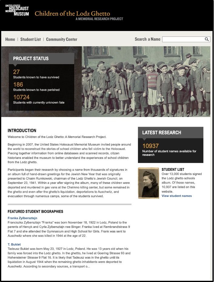 Homepage of the ‘Children of the Lodz Ghetto’ project showing project statistics, introduction, and featured student biographies.