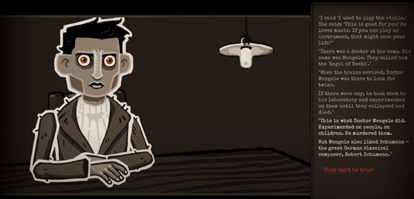 A stylized animated character sits at a table under a single hanging light in a dark room. To the right, a text box narrates a harrowing account of Dr. Mengele’s experiments on prisoners during the Holocaust. The final line in red reads: "That can't be true!" This scene is from the game Through the Darkest of Times, which explores life under Nazi rule.