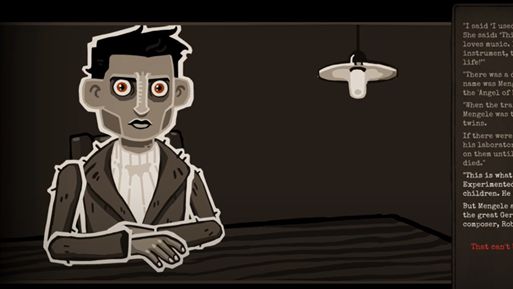 A stylized animated character sits at a table under a single hanging light in a dark room. To the right, a text box narrates a harrowing account of Dr. Mengele’s experiments on prisoners during the Holocaust. The final line in red reads: "That can't be true!" This scene is from the game Through the Darkest of Times, which explores life under Nazi rule.