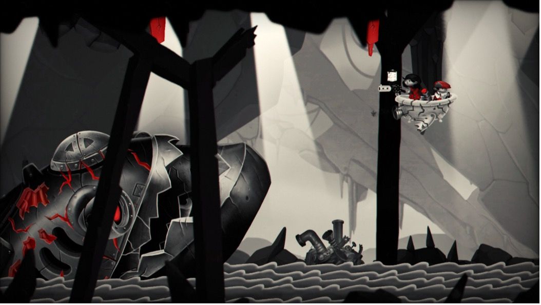 A stylized, monochromatic game scene shows two small cartoon characters in a mechanical lift ascending a dark shaft. They wear red accents, the only color in the image. Below them is a large, broken machine with glowing red cracks, partially submerged in water. The setting is industrial and eerie, with jagged shapes and stark lighting.