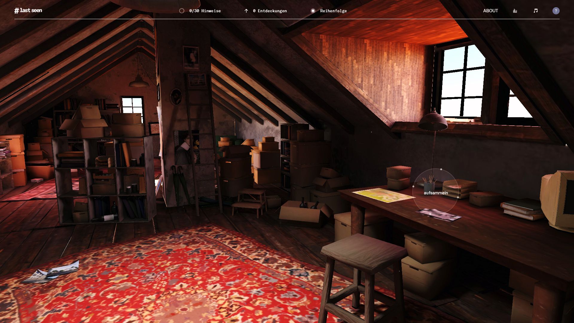 A detailed digital rendering of an attic room from the interactive experience “#lastseen.” The space is filled with stacked cardboard boxes, a desk with papers and a map, a stool, shelves of books, and a red patterned rug. Warm light filters in through angled windows, and the word "aufsammeln" (collect) appears above an object on the desk.