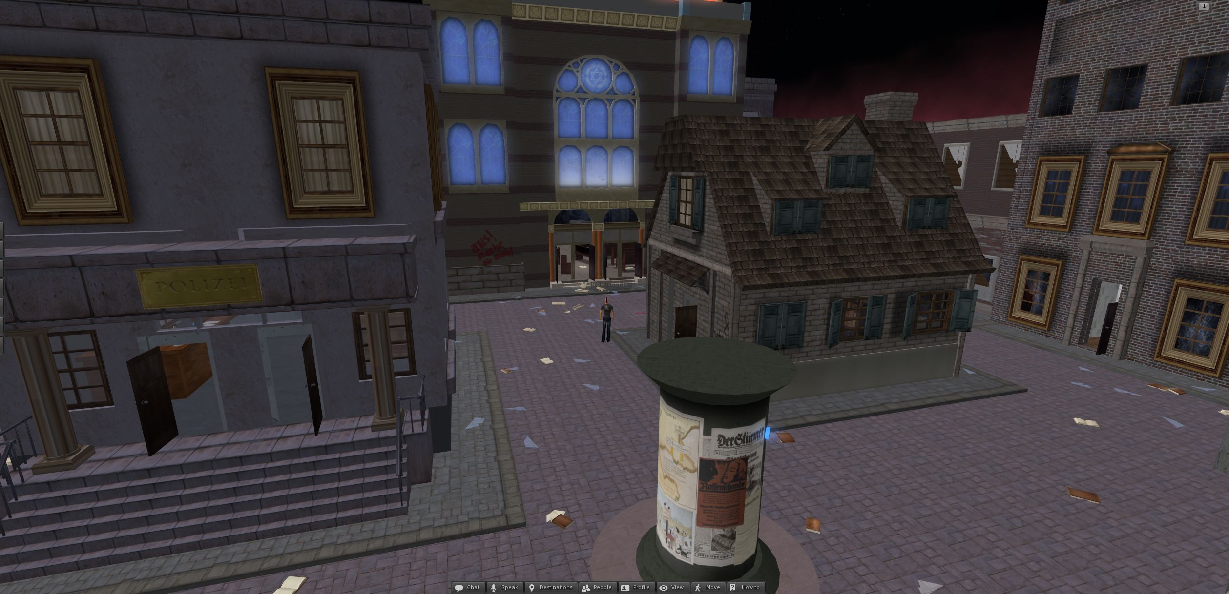 A virtual 3D street scene at night from Second Life, showing buildings with European-style architecture. On the left is a "Polizei" station, and in the center is a small house with green shutters. A cylindrical poster pillar stands in the foreground, and a lone avatar is visible in the distance. Papers are scattered across the cobblestone street.