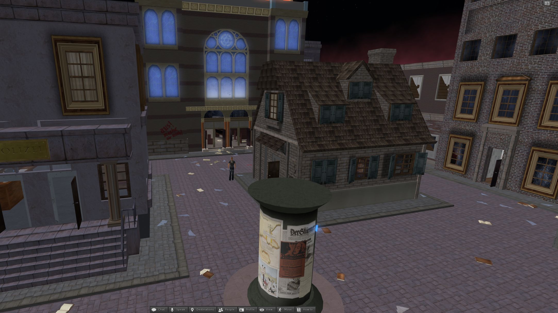 A virtual 3D street scene at night from Second Life, showing buildings with European-style architecture. On the left is a "Polizei" station, and in the center is a small house with green shutters. A cylindrical poster pillar stands in the foreground, and a lone avatar is visible in the distance. Papers are scattered across the cobblestone street.
