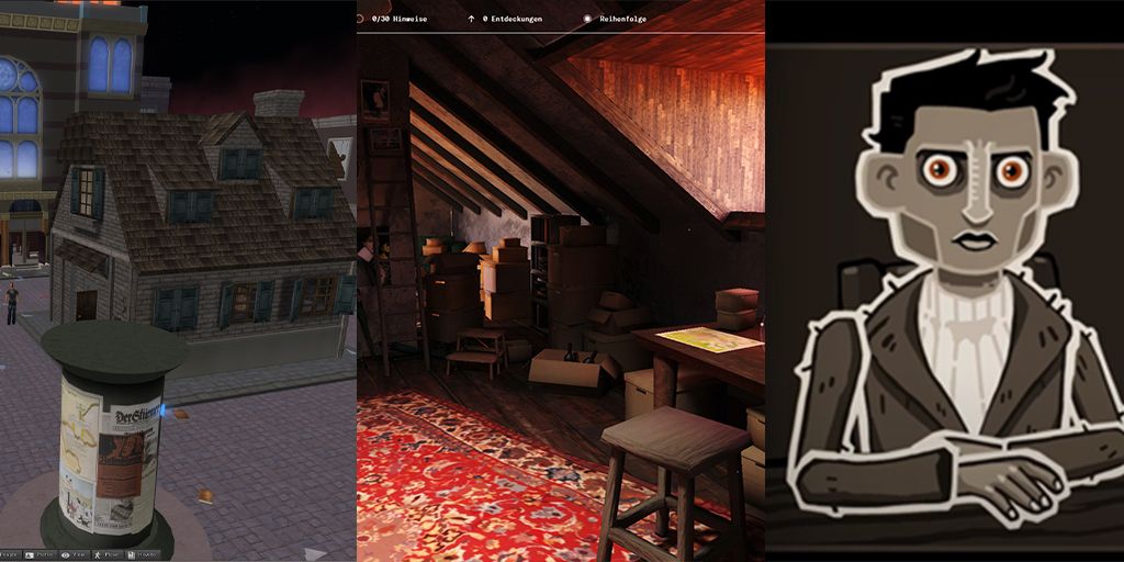 A banner featuring three visual segments. Left: a virtual street scene from Second Life with a “Polizei” building, a house, and a poster pillar. Center: a detailed attic filled with boxes, books, and a desk lit by natural light, from the interactive experience “#lastseen.” Right: a stylized animated character from the game Through the Darkest of Times, sitting at a table under a hanging light.
