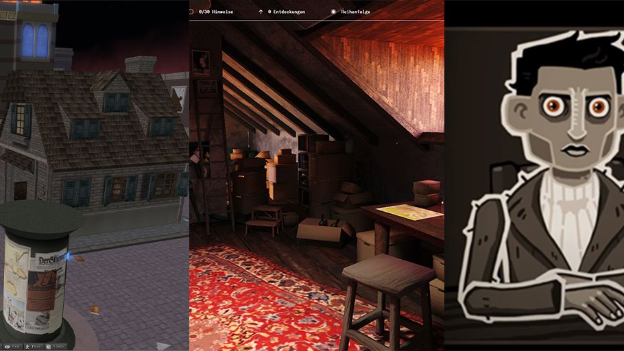 A banner featuring three visual segments. Left: a virtual street scene from Second Life with a “Polizei” building, a house, and a poster pillar. Center: a detailed attic filled with boxes, books, and a desk lit by natural light, from the interactive experience “#lastseen.” Right: a stylized animated character from the game Through the Darkest of Times, sitting at a table under a hanging light.