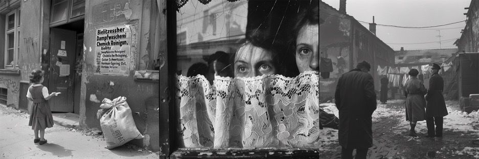 Three merged photos. Left one with a little girl standing in front of shops. Middle one with eyes looking out of an window. Right one with people walking on a snowy street.
