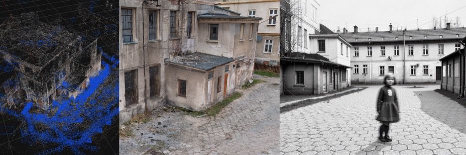 Three AI visualised architectural documentations merged together. Left one has a building frame on blue floor. Middle one has old buildings. Right one is black and white with a person standing in front of a building.